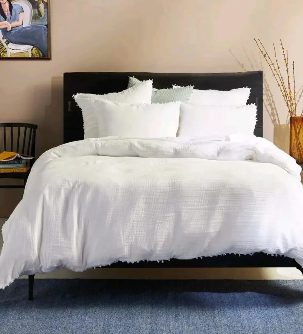 Anthropologie Reversible Airy Gauze White Queen Duvet Cover Fringe Edge Boho